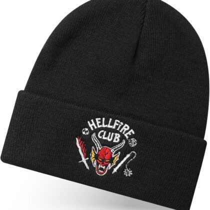 Stranger Things Unisex Beanie Hat in Black | Knitted Winter Hat with Embroidered Hellfire Club Logo for Men & Women | Adults One Size Warm Hat | Netflix TV Show Merchandise Gift