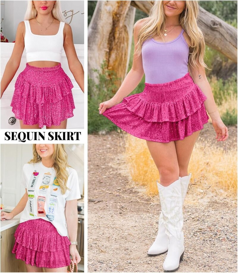 Women Sequin Skirt Sparkly Cute High Waist Ruffle Flowy Shiny Glitter Mini Short Skirts Night Out Club Party - Image 4