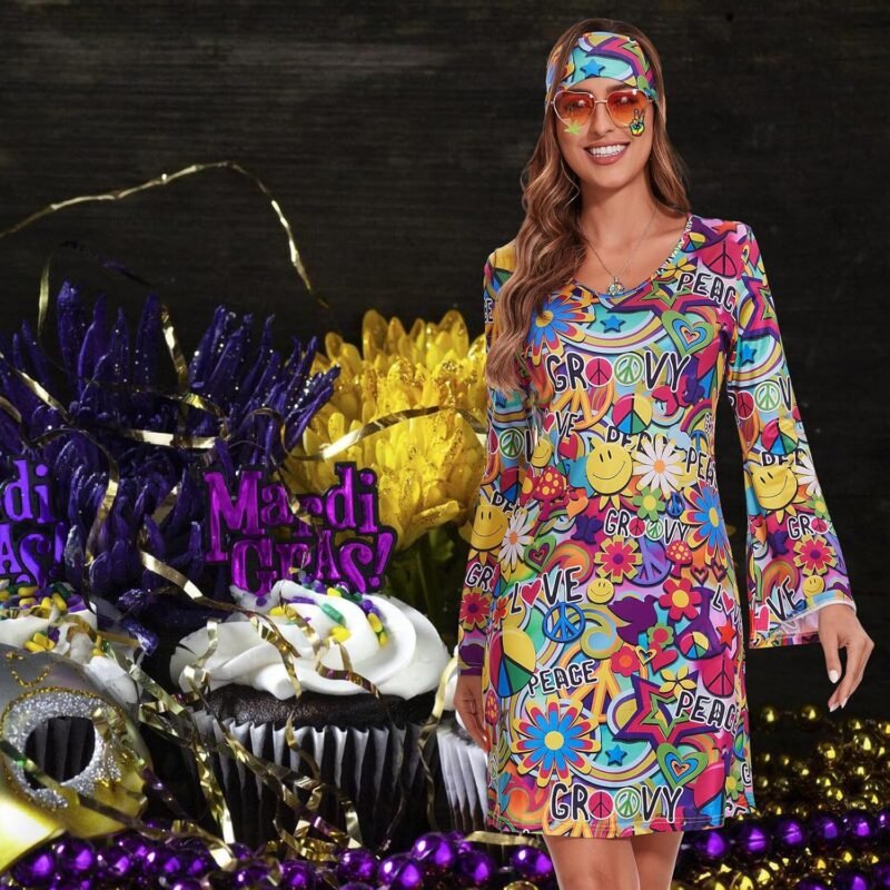 ATAMET 70's Women Costumes Hippie Dress, 1970s Outfits Accessories Set, 60s 70s Disco Prom Dress, Carnival Halloween Costumes - Image 2