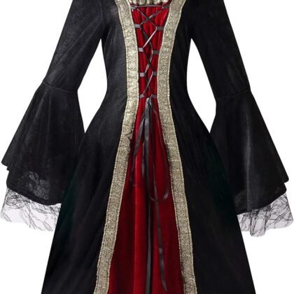 Colorful House Women Medieval Tea Party Dress Victorian Era Bubble Sleeves Velvet High Waist Long Dress with Belt and Gloves