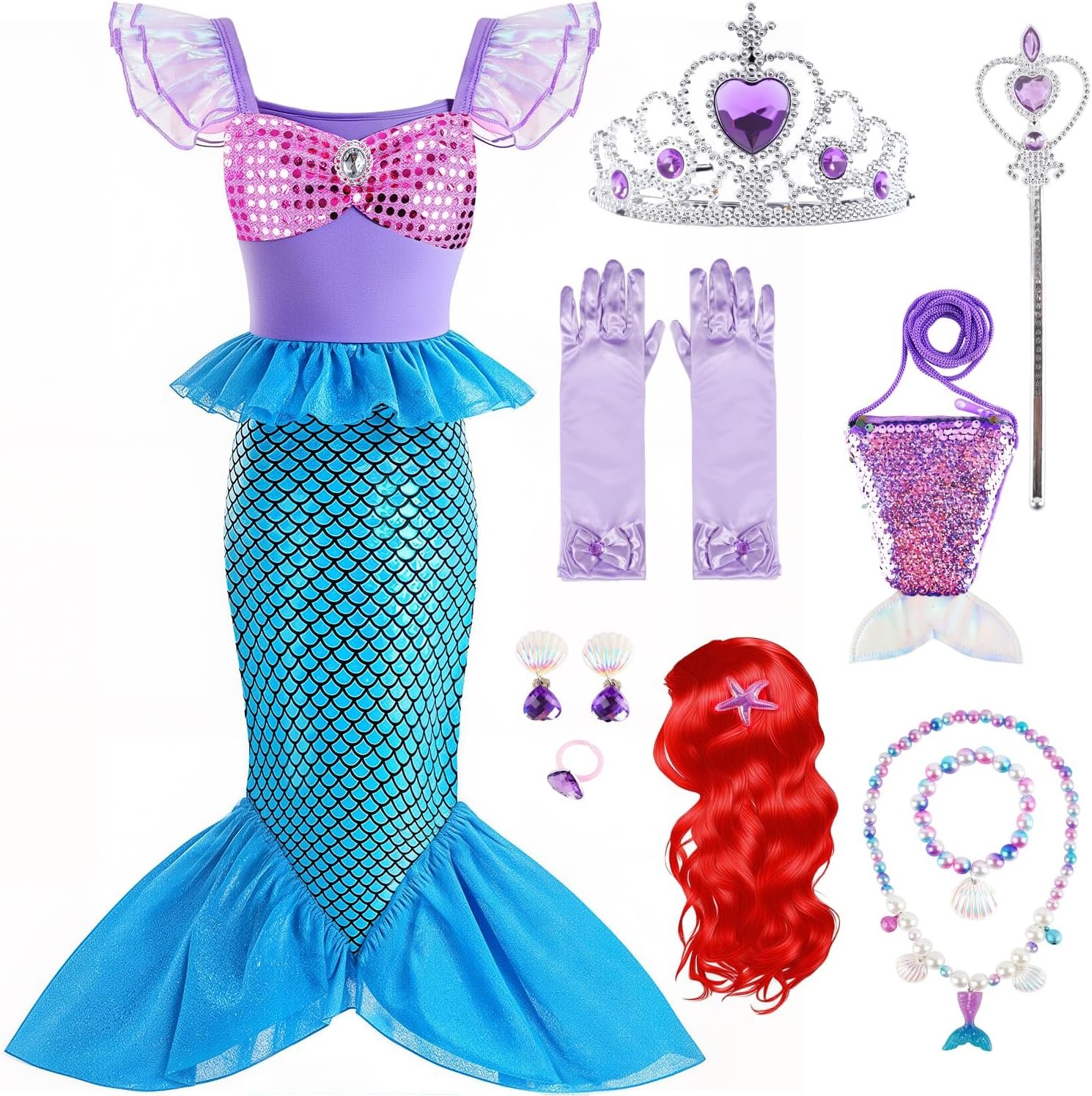 Girls Little Mermaid Costume Princess Dress Up Set with Wig Accessories for Halloween Cosplay Party 3-7 Years