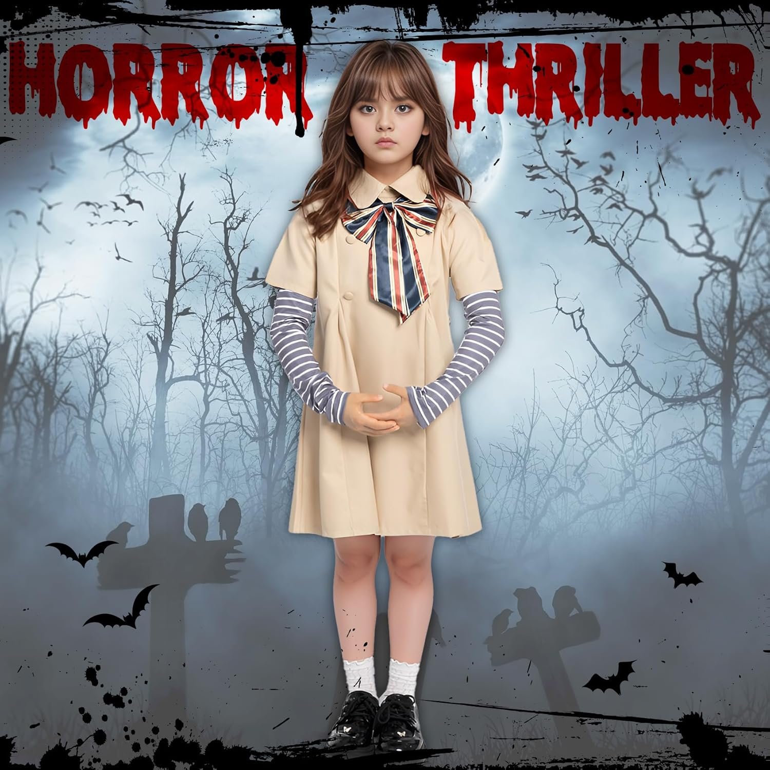 Creepy Doll Costume Halloween Girls Dress with Detachable Sleeves - Image 5