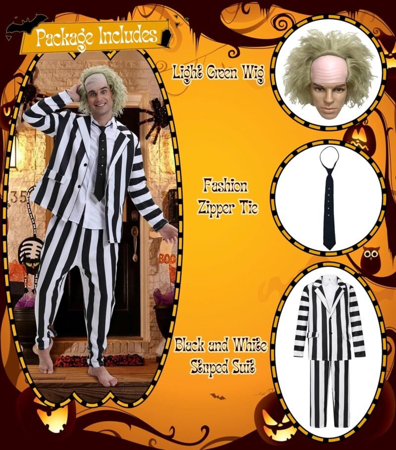 Men's Black & White Striped Halloween Costume Set – Jacket, Pants & Tie – Classic Movie-Inspired Cosplay Outfit - Image 3