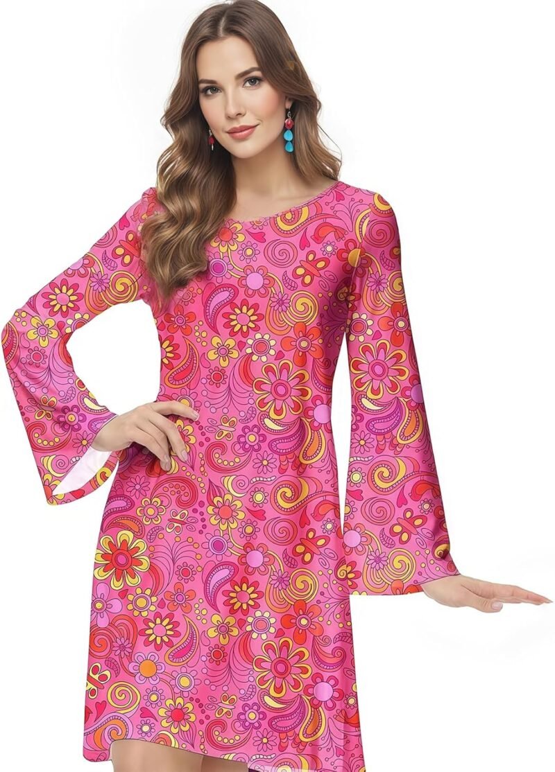 bopika 60s 70s Hippie Disco Dress Costume Women's Retro Disco Outfit Women Halloween Floral Dresses