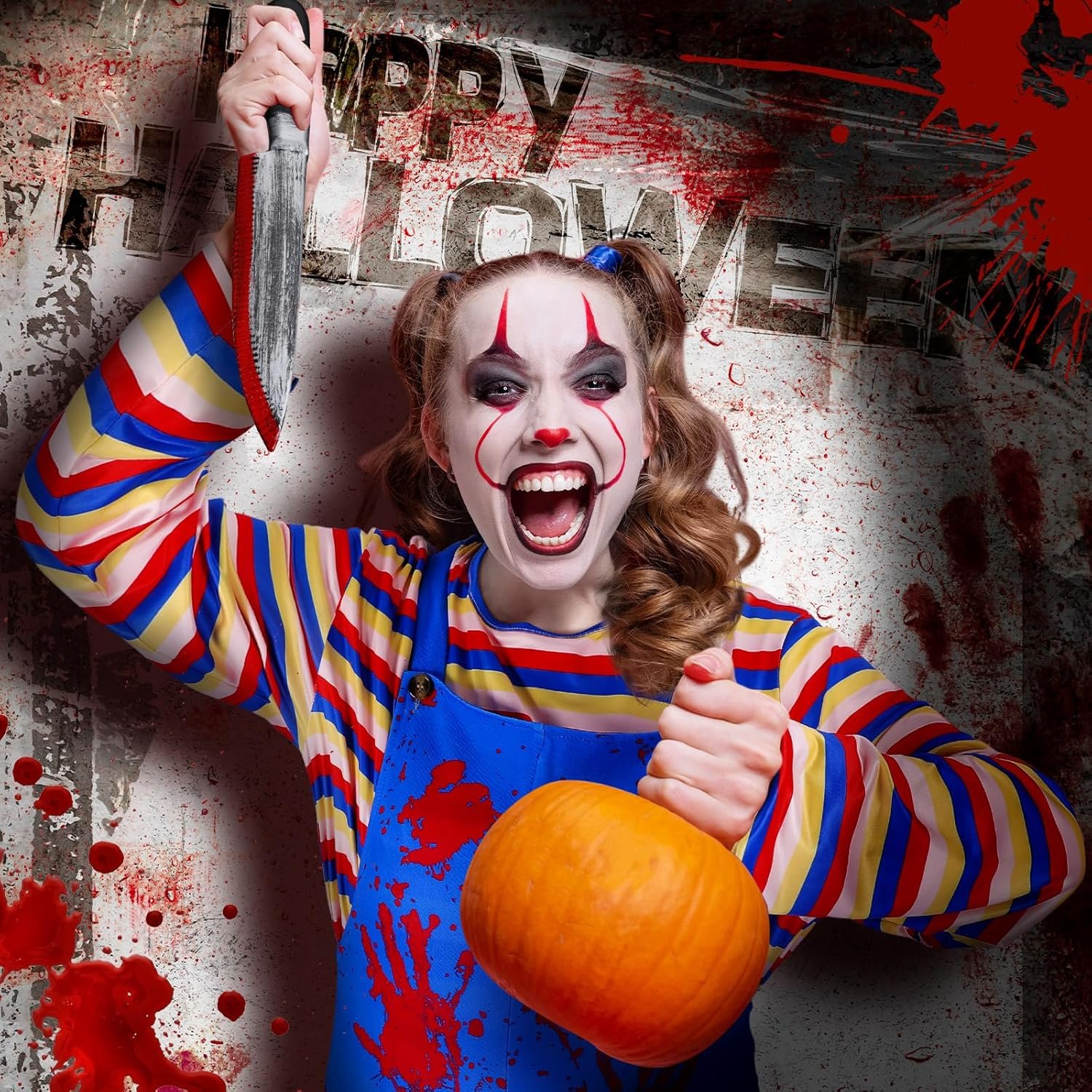 Jiuguva 4 Pcs Women Halloween Nightmare Killer Doll Costume Rainbow Stripe Shirt Outfit Thigh High Sock Plastic Knife - Image 6