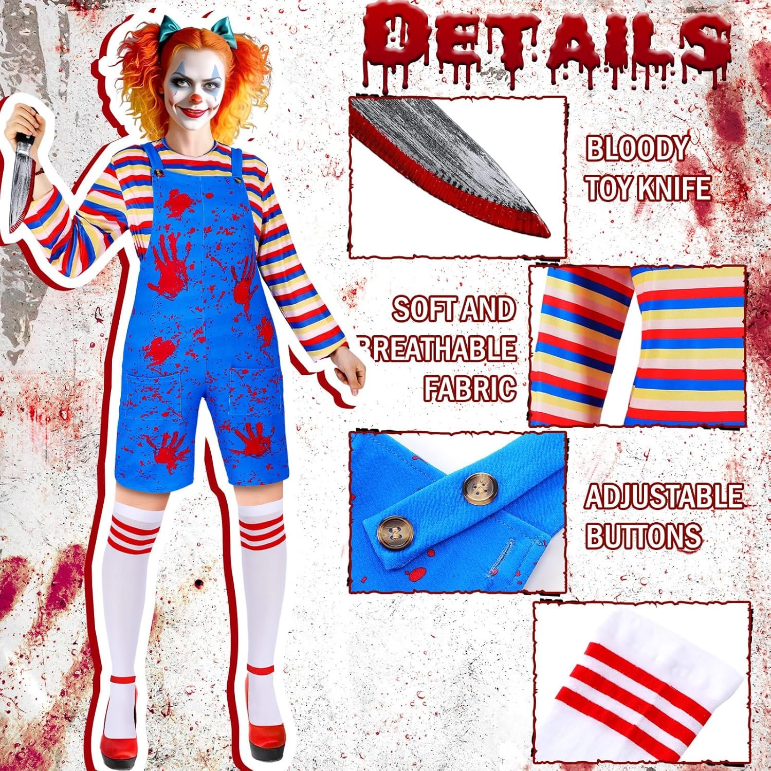 Jiuguva 4 Pcs Women Halloween Nightmare Killer Doll Costume Rainbow Stripe Shirt Outfit Thigh High Sock Plastic Knife - Image 5