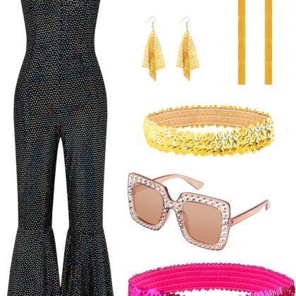 SOMSOC 70s Women Disco Fashion Jumpsuit Costume Accessories Set with Scarf Earrings Bracelet Glasses Belt for Halloween