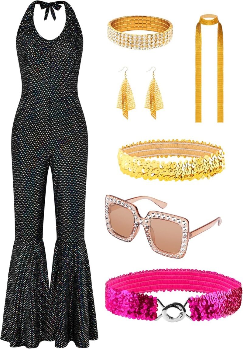 SOMSOC 70s Women Disco Fashion Jumpsuit Costume Accessories Set with Scarf Earrings Bracelet Glasses Belt for Halloween