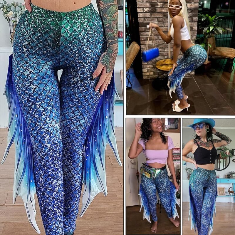 Mermaid Yoga Print Leggings for Women Plus Size Fish Scale High Waisted Pants Halloween Costume Tights - Image 4
