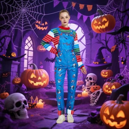 Women's Killer Doll Costume,Blue Cartoon Jumpsuit with Striped Shirt, Doll Halloween Costume, Movie Inspired Cosplay Outfit