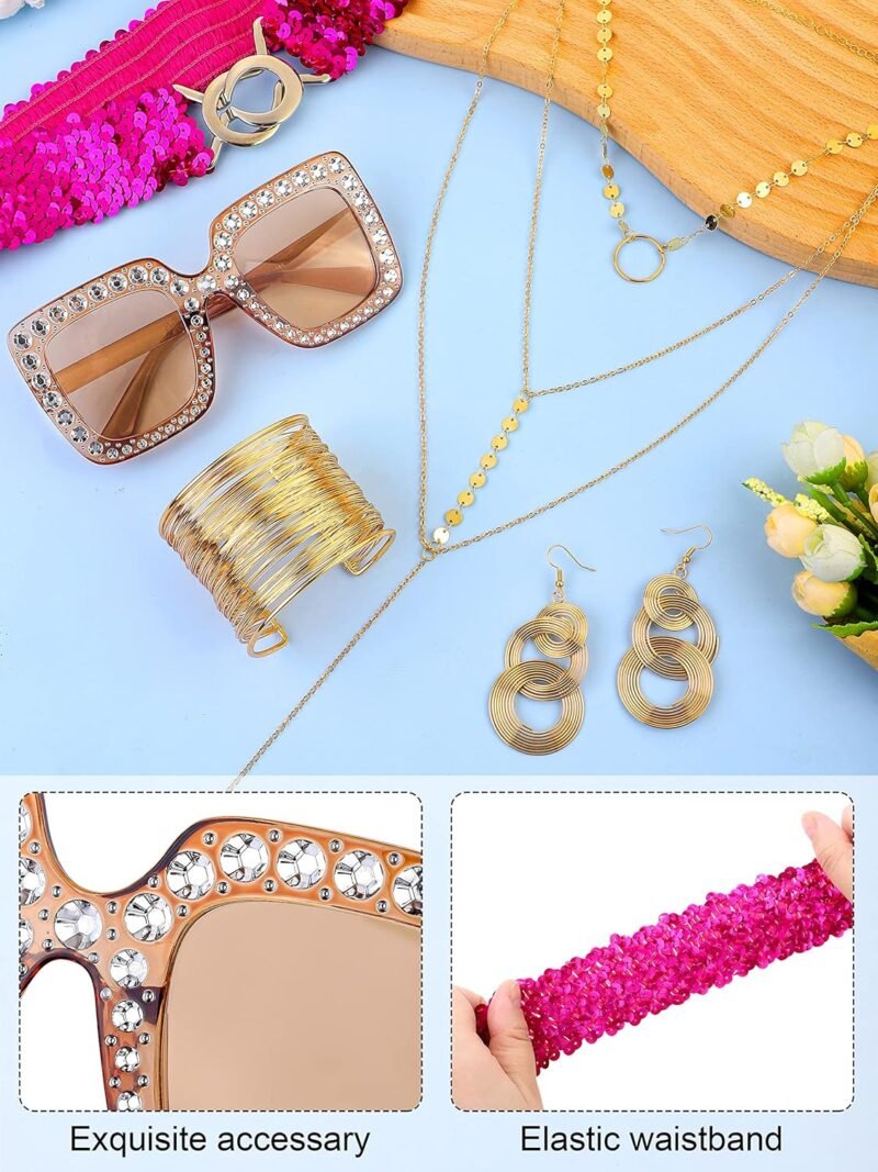 SOMSOC 70s Disco Jumpsuit Costumes Women Fashion Disco Accessories for Halloween Necklace Earrings Bracelet Glasses Belt - Image 4