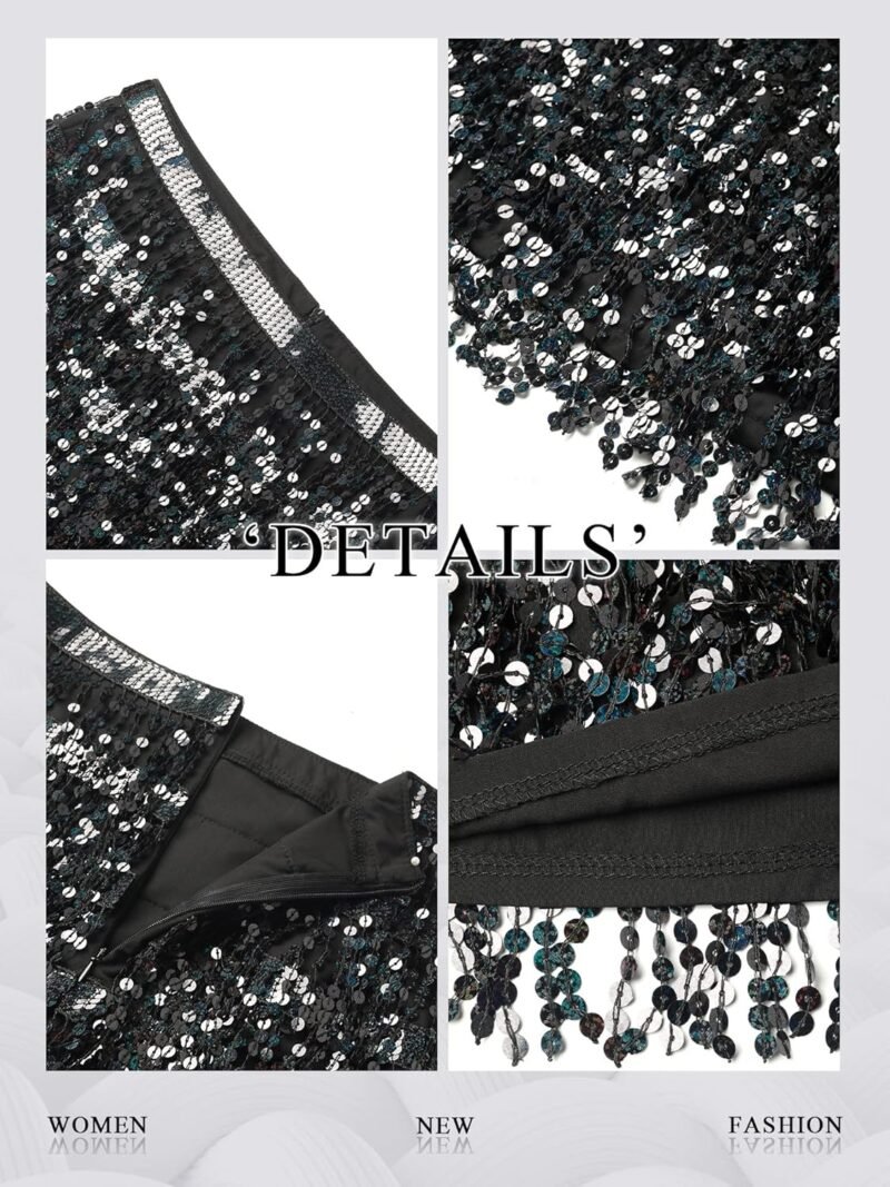 MYMORE Womens Sparkly Sequin Fringe Skirt - Black Rave Concert Disco Space Cowgirl Outfit Glitter Tassel Mini Skirts - Image 3