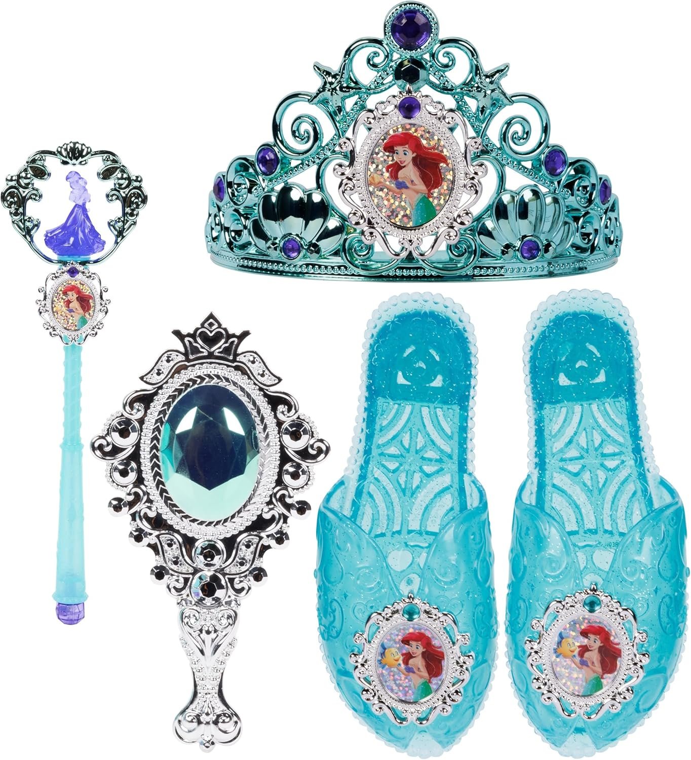 Disney Princess Dress Up Accessory Set Ariel Tiara, Shoes, Wand and Comb Set for Little Girls Role Play Time Costume Toys for 3-6 Years