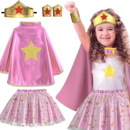 iROLEWIN Wonder Star Superhero-Costumes for Girls Dress-Up Super-Hero-Capes for Kids Tiara Tutu as Halloween Birthday Gifts