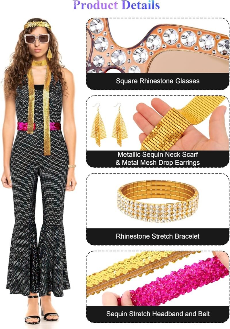 SOMSOC 70s Women Disco Fashion Jumpsuit Costume Accessories Set with Scarf Earrings Bracelet Glasses Belt for Halloween - Image 5