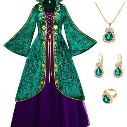 Akokvlar Women Medieval Costume Dress Halloween Adult Witch Cosplay Green Robe