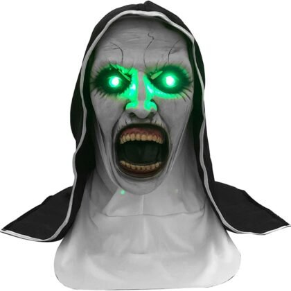 Utaomld The Nun Scary Latex Mask,Horror Led Nun Masks, Women Nun Costume Halloween Party Props (Green Eye Light) (Led Open Mouth)