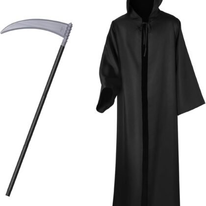Halloween Grim Reaper Scythe Costume Robe Plastic Scream Costume Hooded Cloak Adults Cosplay