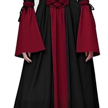 Womens Gothic Witch Dress, Halloween Lace Up Hooded Costume Medieval Vampire Sorceress Cosplay Dresses