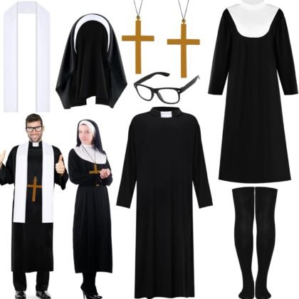 Priest and Nun Couple Costume for Adults Include Robes Stole Socks Glasses Necklaces for Halloween Dress Up