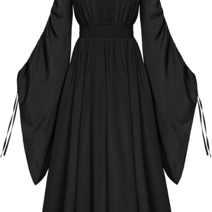 Scarlet Darkness Renaissance Costume Women Fairy Dress V Neck Drawstring Bell Sleeve Long Dress with Pockets