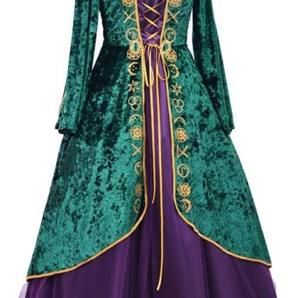 Women's Medieval Green Velvet Dress Halloween Witch Costume Robe Plus Size