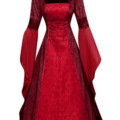 BITSEACOCO Women Deluxe Witch Dress Costume, Vintage Embroidered Renaissance Gothic Hooded Vampire Gown Dress Cosplay