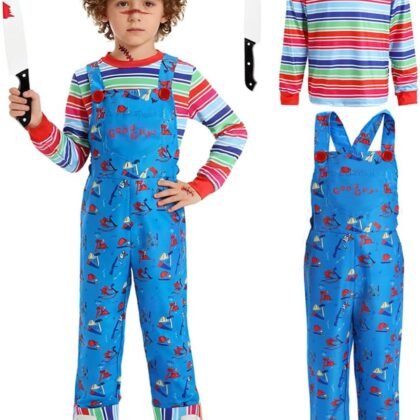 Creepy Doll Costume for Kids Horror Killer Shirt Jumpsuit Mask Halloween Cosplay Outfit for Boys Girls 3-10 Years