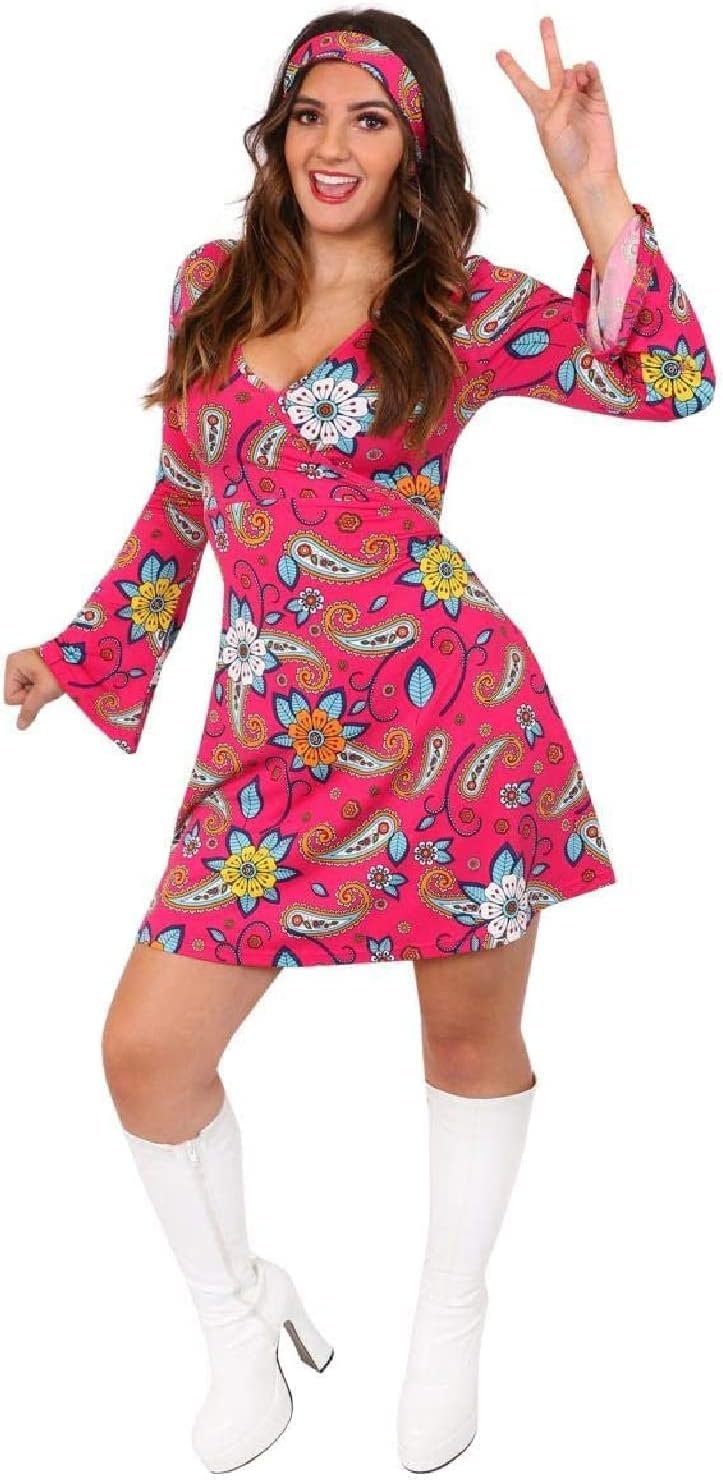 Ladies Hippy Costume 60s/70s Pink Dress + Headband - Image 2