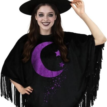 Witch Costume Poncho Set for Women - Black Cape with Pointed Hat, Halloween Party Outfit for Women, Cosplay & Themed Events
