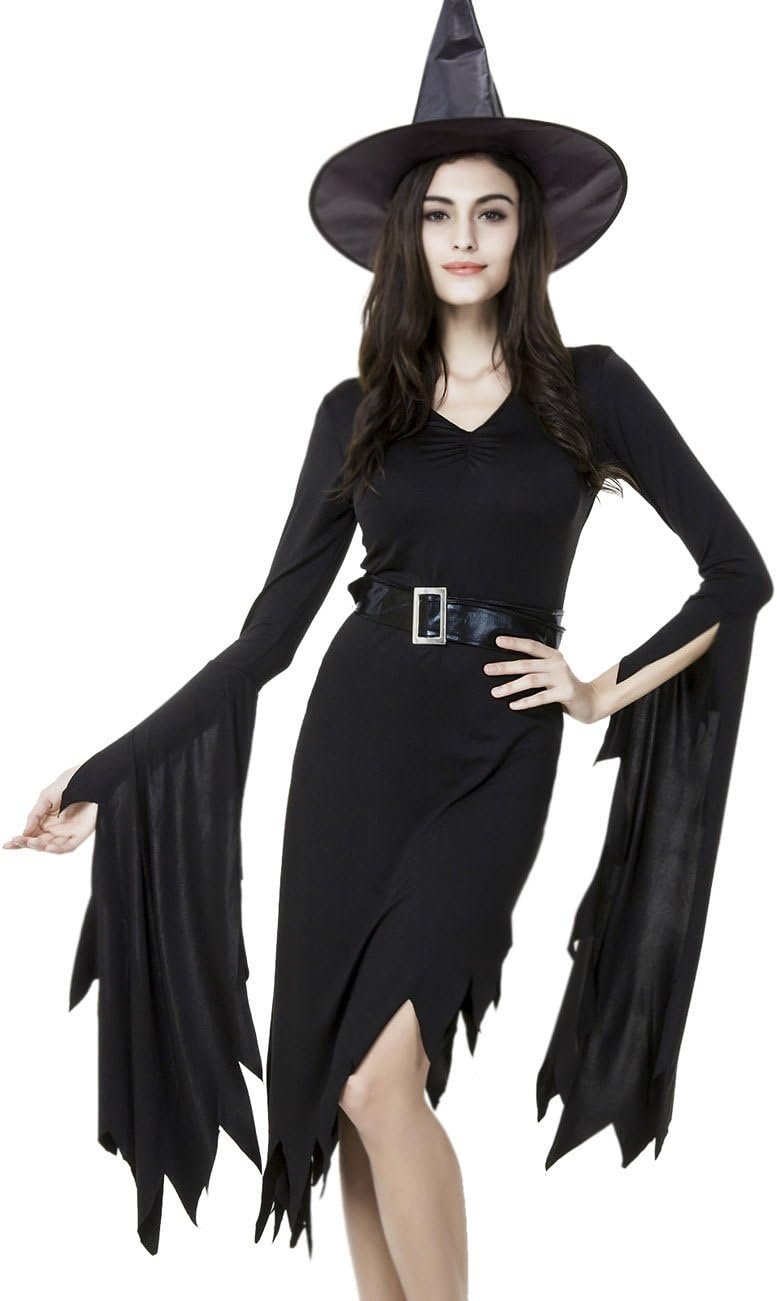 Colorful House Women Halloween Classic Black Witch Costume with Cap - Image 2