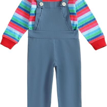Toddler Kids Baby Boy Girl Halloween Chucky Doll Costume Long Sleeve Striped Tops Suspender Pants Cosplay Outfit Set