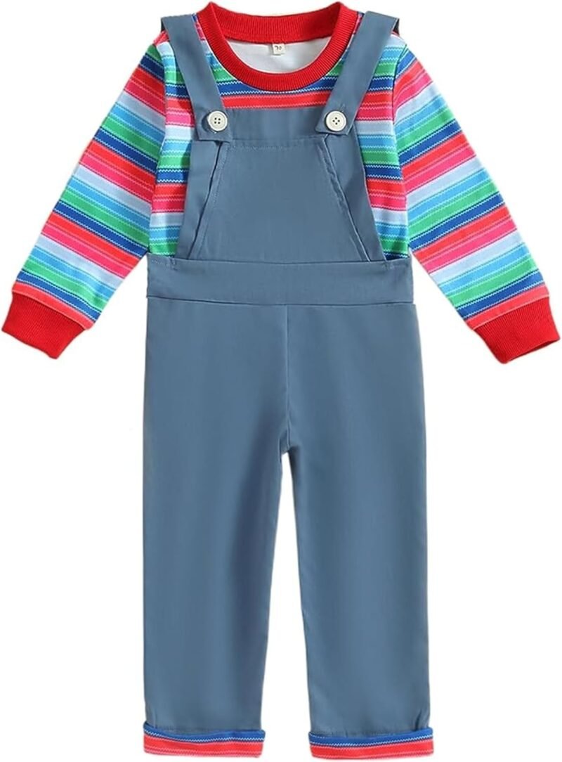 Toddler Kids Baby Boy Girl Halloween Chucky Doll Costume Long Sleeve Striped Tops Suspender Pants Cosplay Outfit Set
