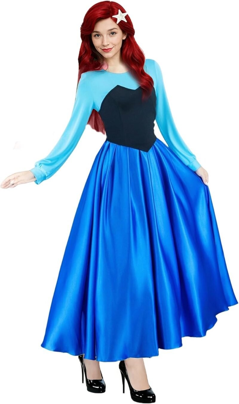 Poboola Ariel Costume Women Mermaid Princess Dress Adult Halloween Party Cosplay Blue Classic Fancy Dress with Headwear - Image 2