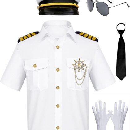 Men's Yacht Captain Sailor Costume 7PCS Adult Navy Shirt Hat Aviator Sunglasses Accessories Set Funny Party Cosplay