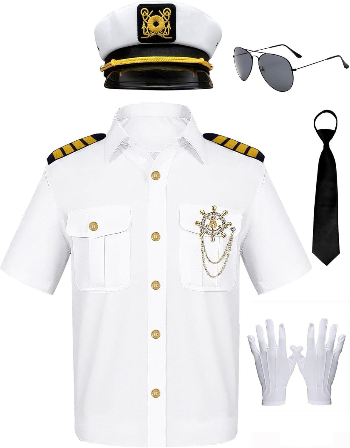 Men's Yacht Captain Sailor Costume 7PCS Adult Navy Shirt Hat Aviator Sunglasses Accessories Set Funny Party Cosplay