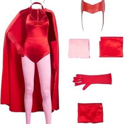 5Pcs Wanda Costume Women Witch Costume With Scarlet Bodysuit Cloak Headpiece Gloves Pant Halloween Cosplay Outfit