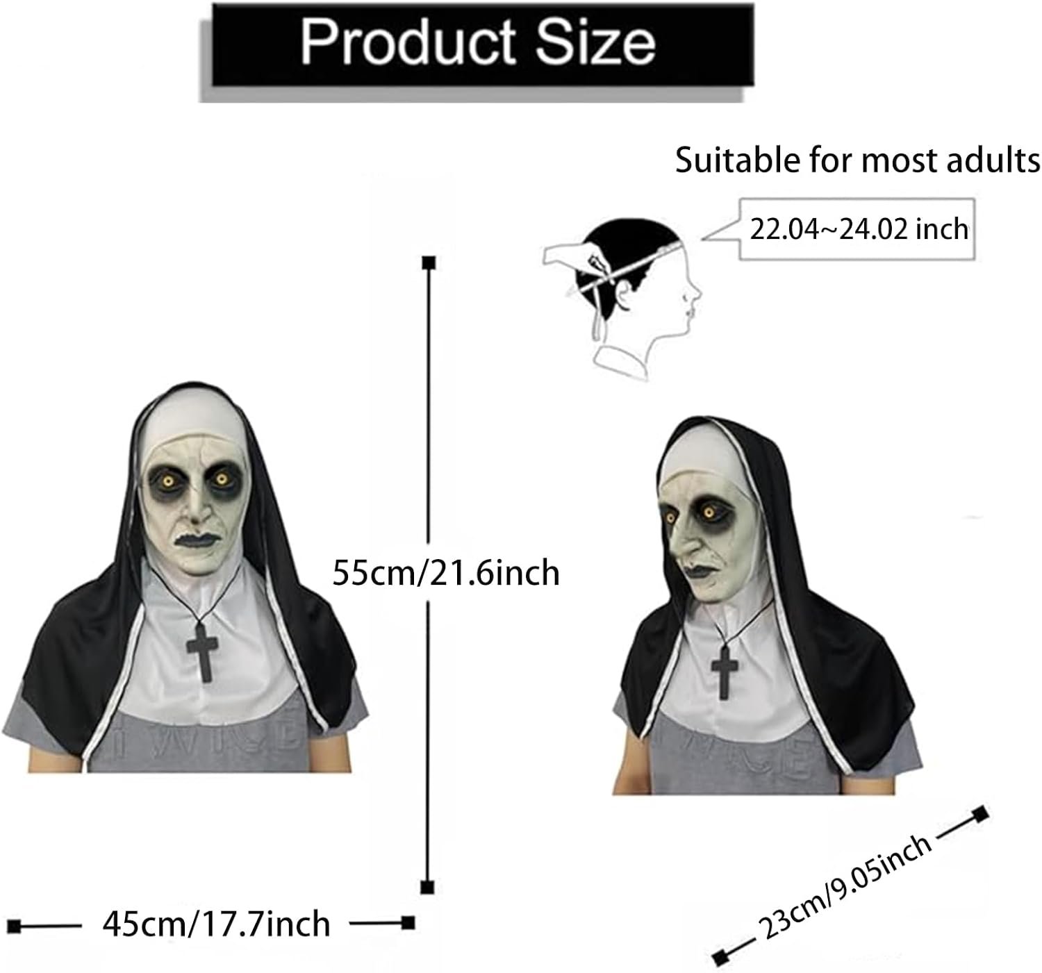 Halloween Scary Nun Mask, Full Head Latex Nun Mask with Cross Charms for Horror Parties Cosplay - Image 2