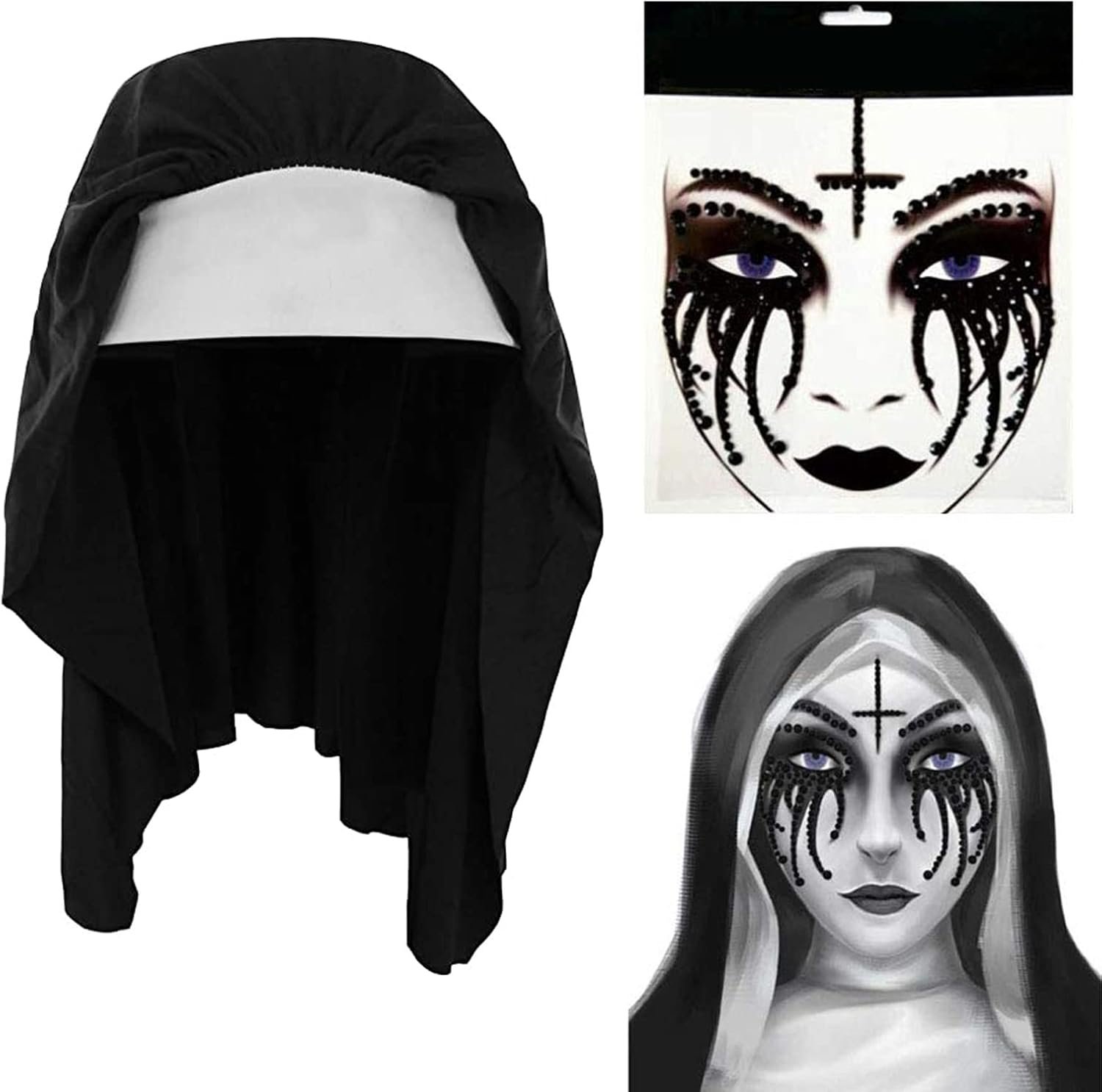 Saturey Halloween Nun Costume Accessories Set, with Nun Temporary Rhinestone Temporary Face Tattoo for Halloween Festival Rave Party Outfit for Halloween Cosplay Party, black, M
