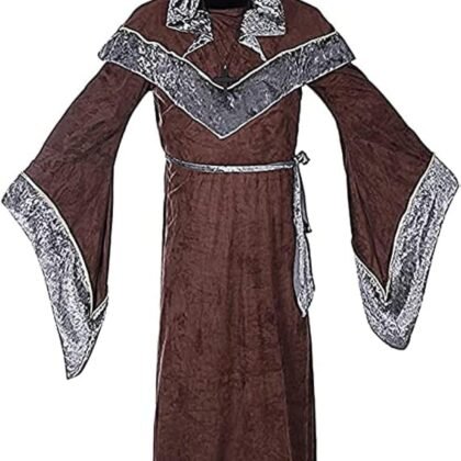 Mens Halloween Costume Sorcerer Robe, Medieval Vintage Renaissance Hooded Gown Cloak Cape