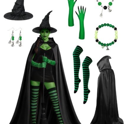 Halloween Witch Costume Women Accessories - Adult Witch Costume with Long Hooded Cloak Cape, Hat, Green Gloves