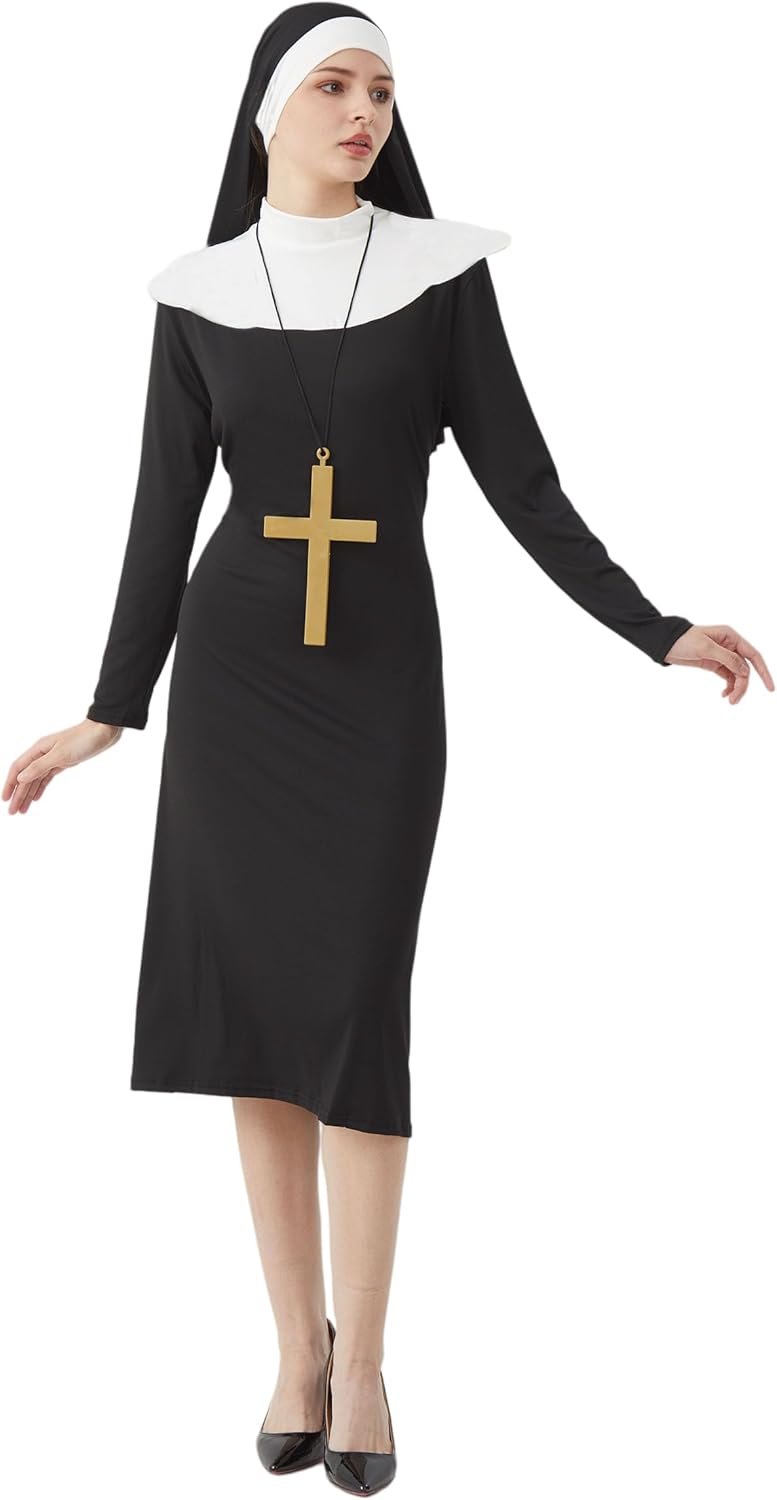 Halloween Nun Costume Woman, Nun Costume Dress Set Adult, Nun Outfit+Nun hat+ Cross Pendant for Cosplay Party - Image 5