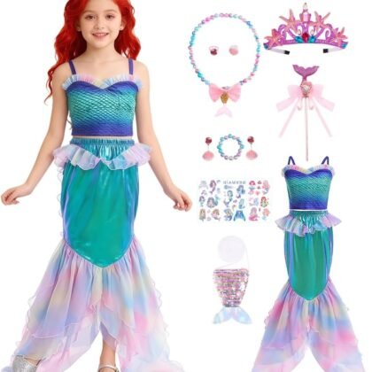 Girls Mermaid Costume Dress Kids Ariel Princess Cosplay Halloween Costume with Accessories 3-9 Years