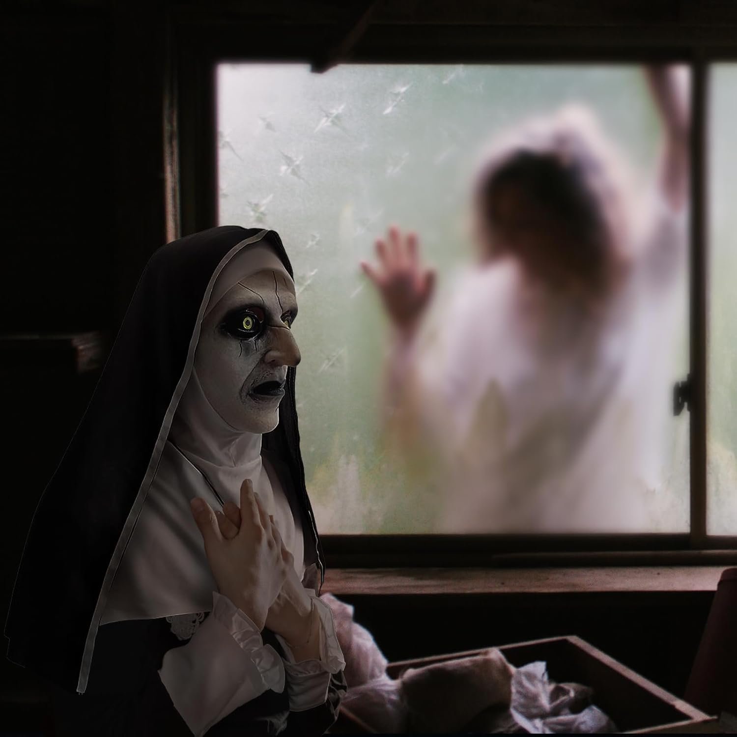 Halloween Scary Nun Mask, Full Head Latex Nun Mask with Cross Charms for Horror Parties Cosplay - Image 3