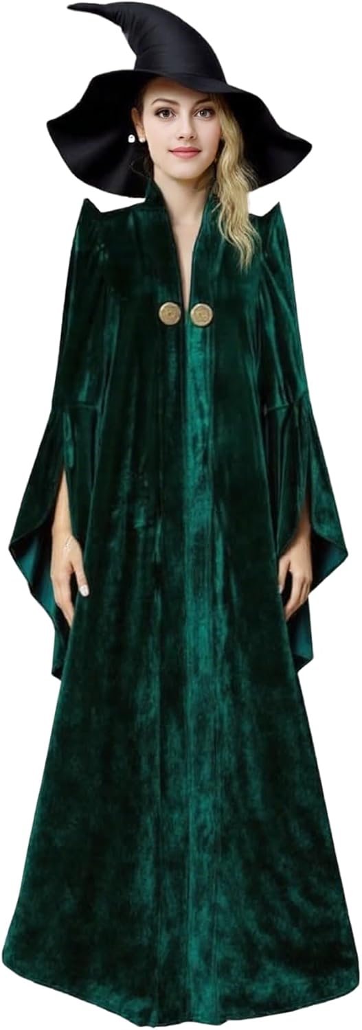Womens Professor Costume Witch Halloween Cosplay Robe Wizard Cloak Witch Hat
