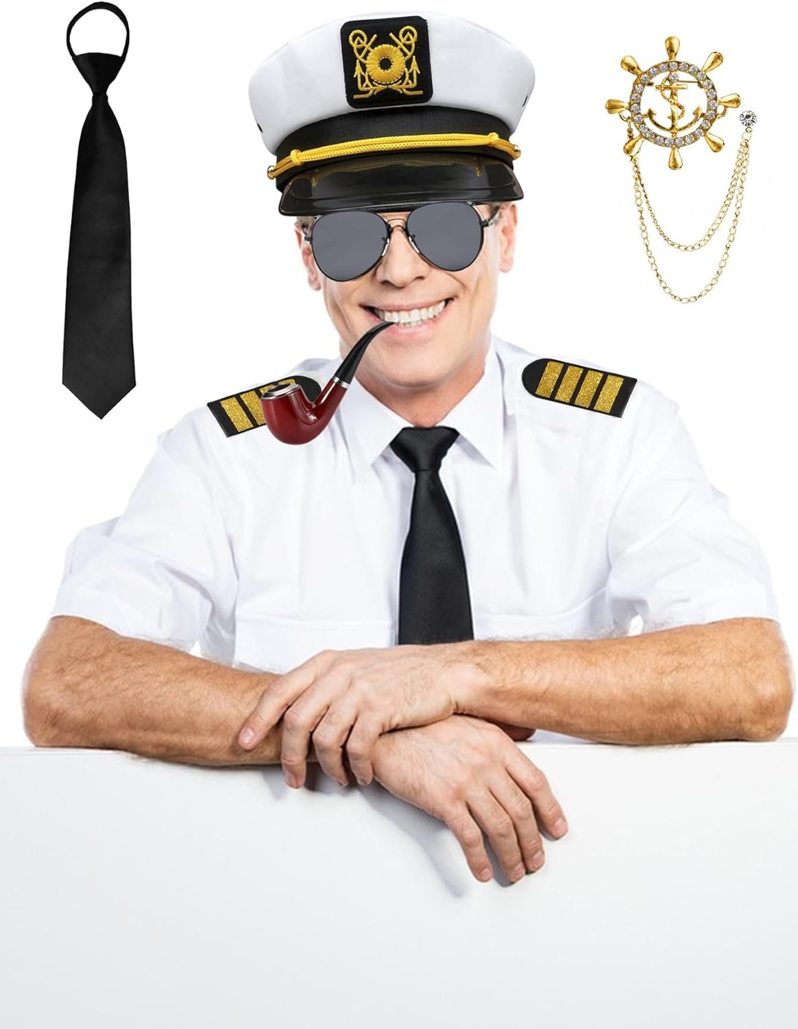 Men's Yacht Captain Sailor Costume 7PCS Adult Navy Shirt Hat Aviator Sunglasses Accessories Set Funny Party Cosplay - Image 4