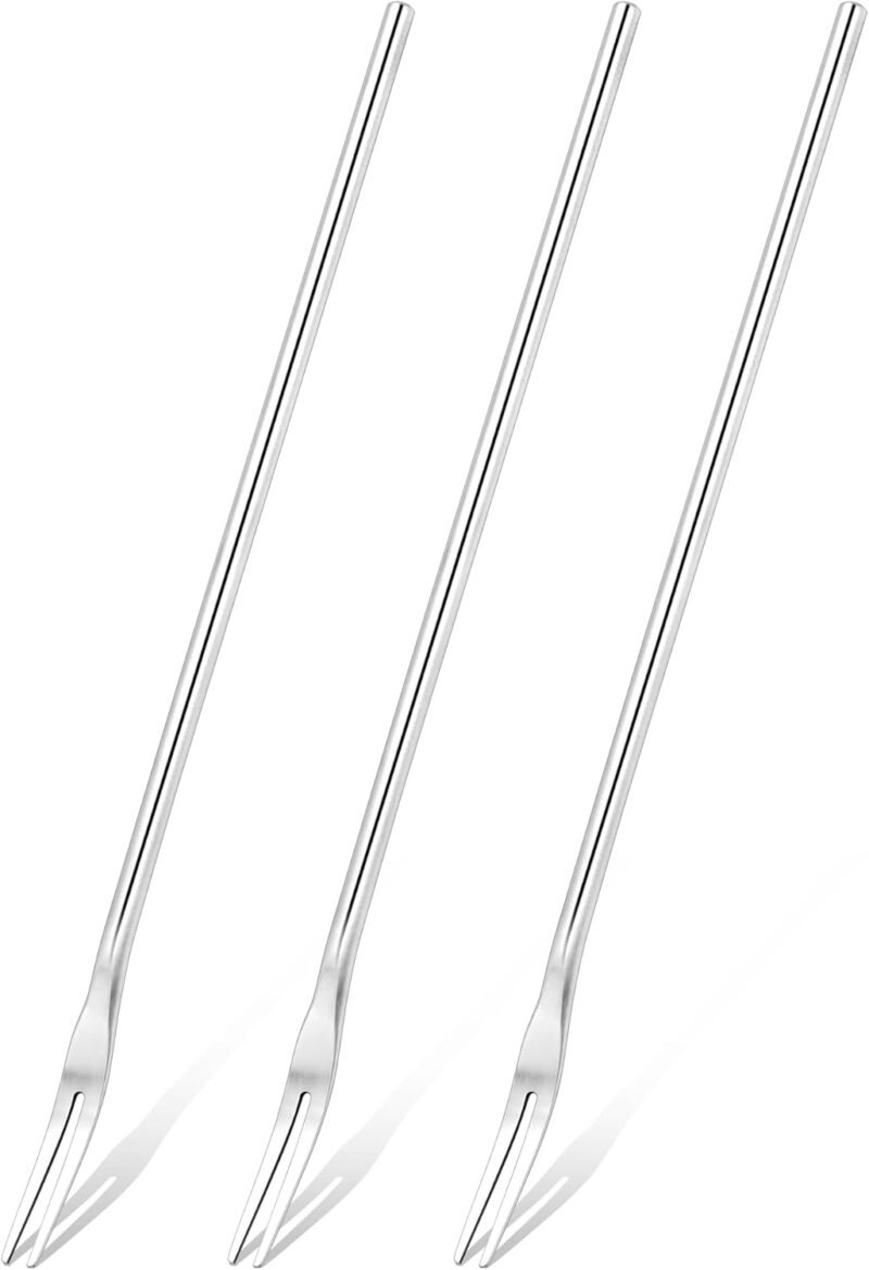 Set of 3 Long Handle Fruit Forks, 8.7 Inch Round Solid Handle Picks Forks for Jar, SUS304 Stainless Steel Olive Forks, 2-Tine Fork for Dessert Appetizer Cocktail Fruit and Vegetables,Silver