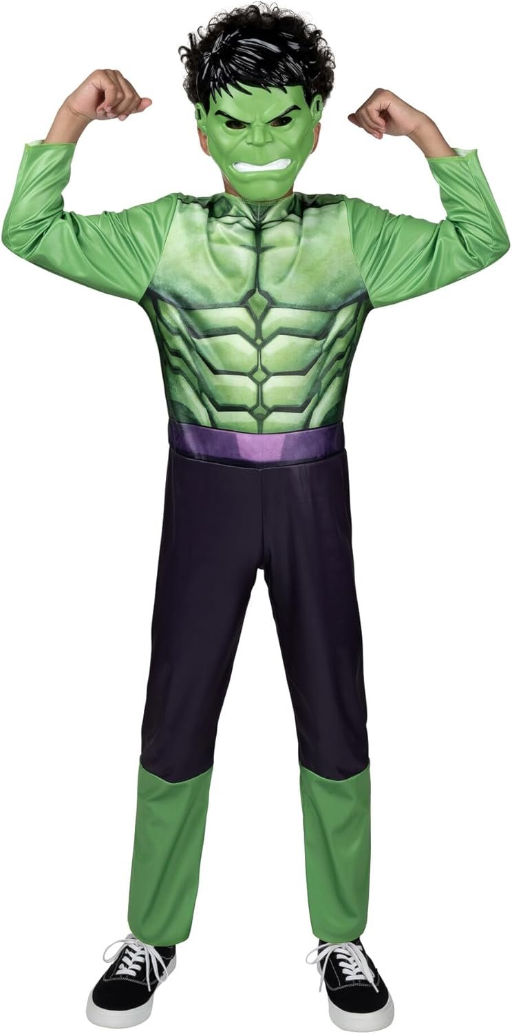 MARVEL Hulk Official Youth Halloween Costume - Premium Quality Fabric Jumpsuit with Printed Design and Plastic Mask