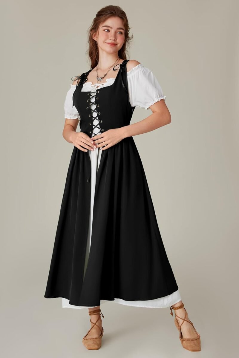 Scarlet Darkness Halloween Renaissance Costume Women Peasant Medieval Dress Short Sleeve Maxi Dresses with Pockets - Image 8