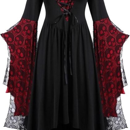Womens Witch Dress, Halloween Medieval Vampire Costume Bat Sleeve Skull Lace Corset Gothic Sorceress Dresses